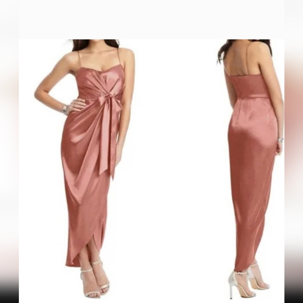 NWT After Six 6828 Faux Wrap Midi Dress w/Draped Tulip Skirt. Desert Rose